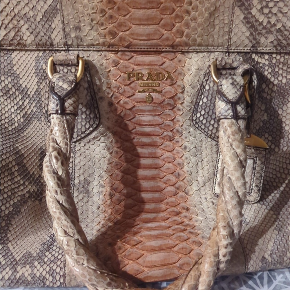 Prada Tan and Brown Snake Print Satchel